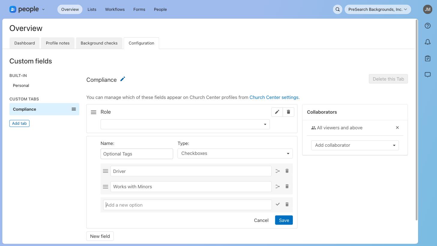 Creating the Optional Tags field as checkboxes with Driver and Works with Minors options