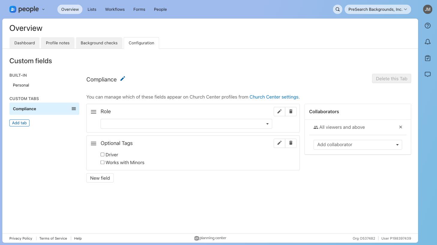 The finished Compliance tab showing the Role and Optional Tags fields