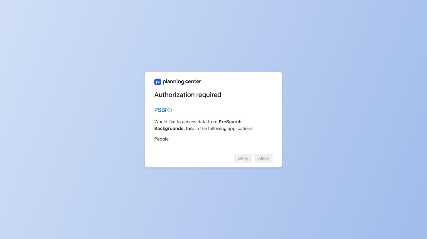 The Planning Center authorization screen requesting People access for PSBI